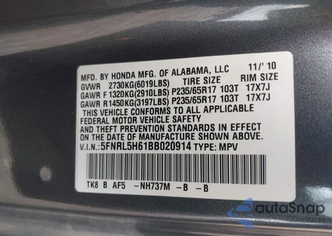 2011 Honda Odyssey Ex-L from USA, damaged, VIN 5FNRL5H61BB020914